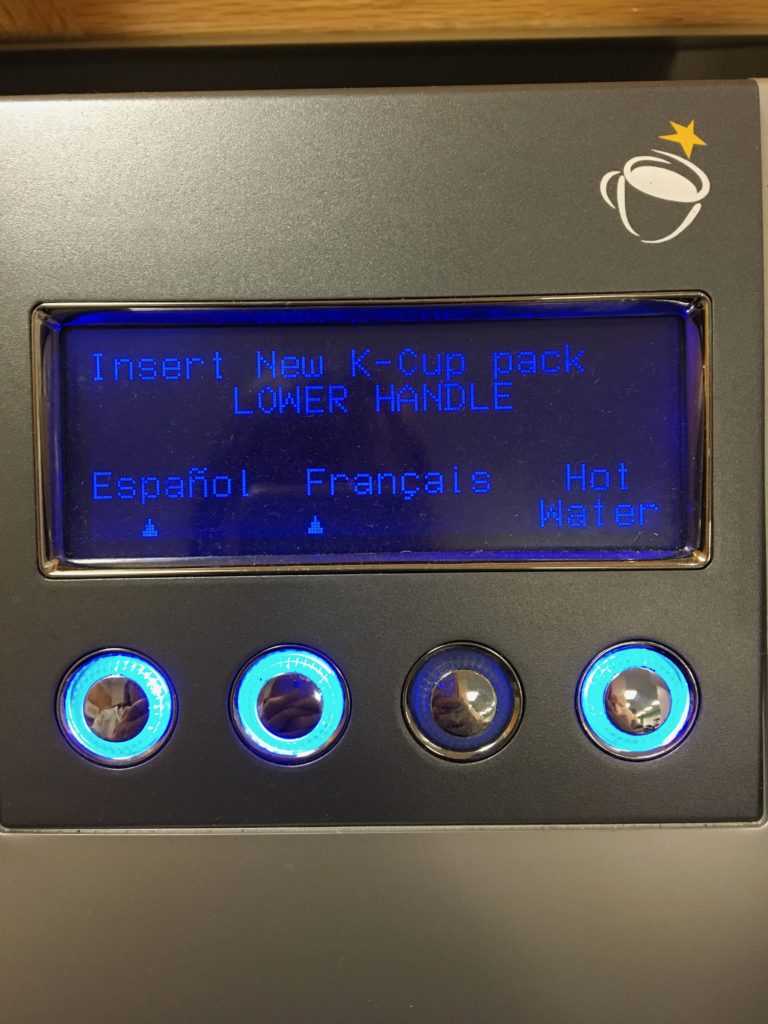 The Keureg coffeemaker wants to know whether you want "english", "french", or "hot water".