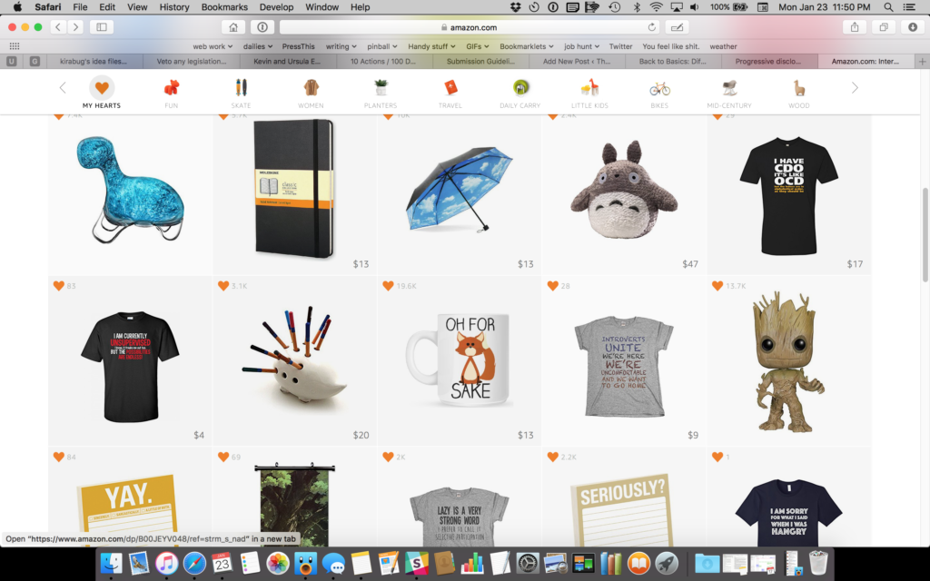 A screenshot of Amazon.com's Interesting Finds section, featuring some bioluminescent plankton, a notebook, an umbrella, a Totoro, five funny teeshirts, a hedgehog-shaped pencil holder, a few notebooks, a coffee mug that says "oh for [picture of a fox] sake" and a Totoro wall scroll.