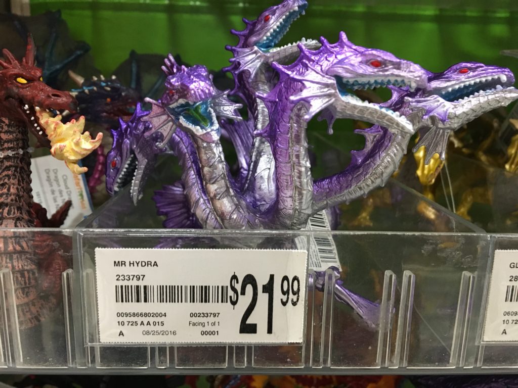 A plastic hydra at a toy store. The product is listed as "MR HYDRA" on the tag. Mister Hydra?