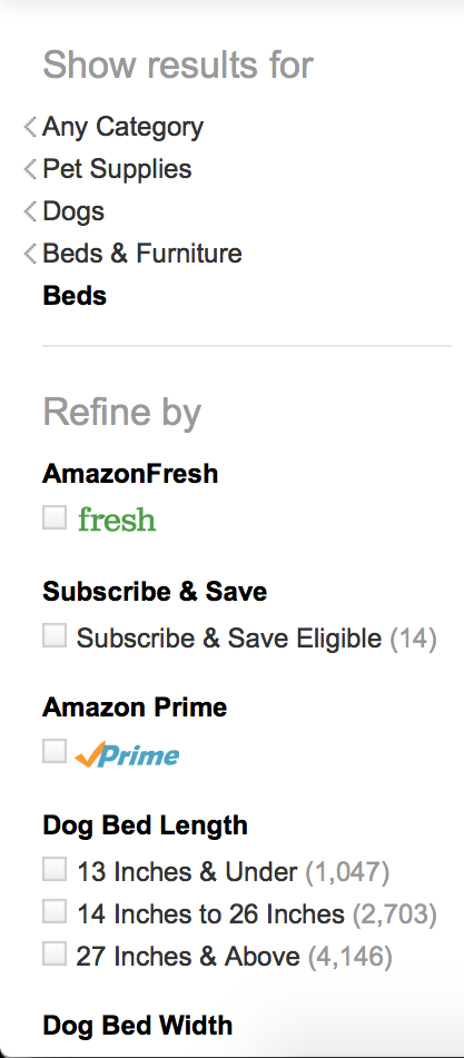 Amazon's left navigation bar as of 19 March 2017 (on my account, anyway). Technically this is more of a filter because it allows the user to view the breadcrumb of categories that brought them to the current page then manipulate a bunch of checkboxes to change the result set. Still, the headings are light grey and larger than the subheadings, which are the same color choices as the itnteractive elements except the subheadings are bold. Only brand elements like the Amazon Prime or Amazon Fresh logo are in color. 
