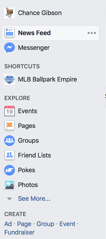 Facebook's left navigation bar as of 19 March 2017. It is black text on a light blue background, with black headers. The selected item has an even lighter blue background with black text.