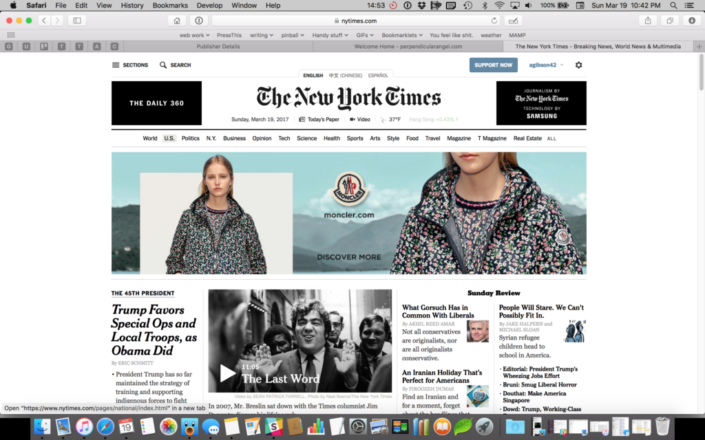 The homepage of the New York Times as of 19 March 2017. There is no text on this page whether global navigation, in-page navigation, or body copy, that isn't black on white.