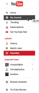 Youtube's left navigation column as of 19 March 2017. The choices are black on a white background, the hover state is white on a black background, and the selected item is white on a red background. The subheadings are red on a white background, though. 