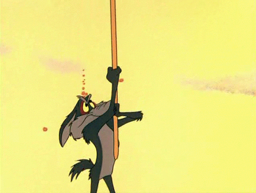 Wile E Coyote using a stick to poke an out-of-camera pile of stuck rocks, from below, which the audience knows is going to fall on his head.