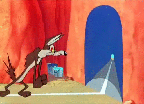 Wile E Coyote attempts to run through the tunnel he just painted on the wall, bounces off, and vibrates for a while